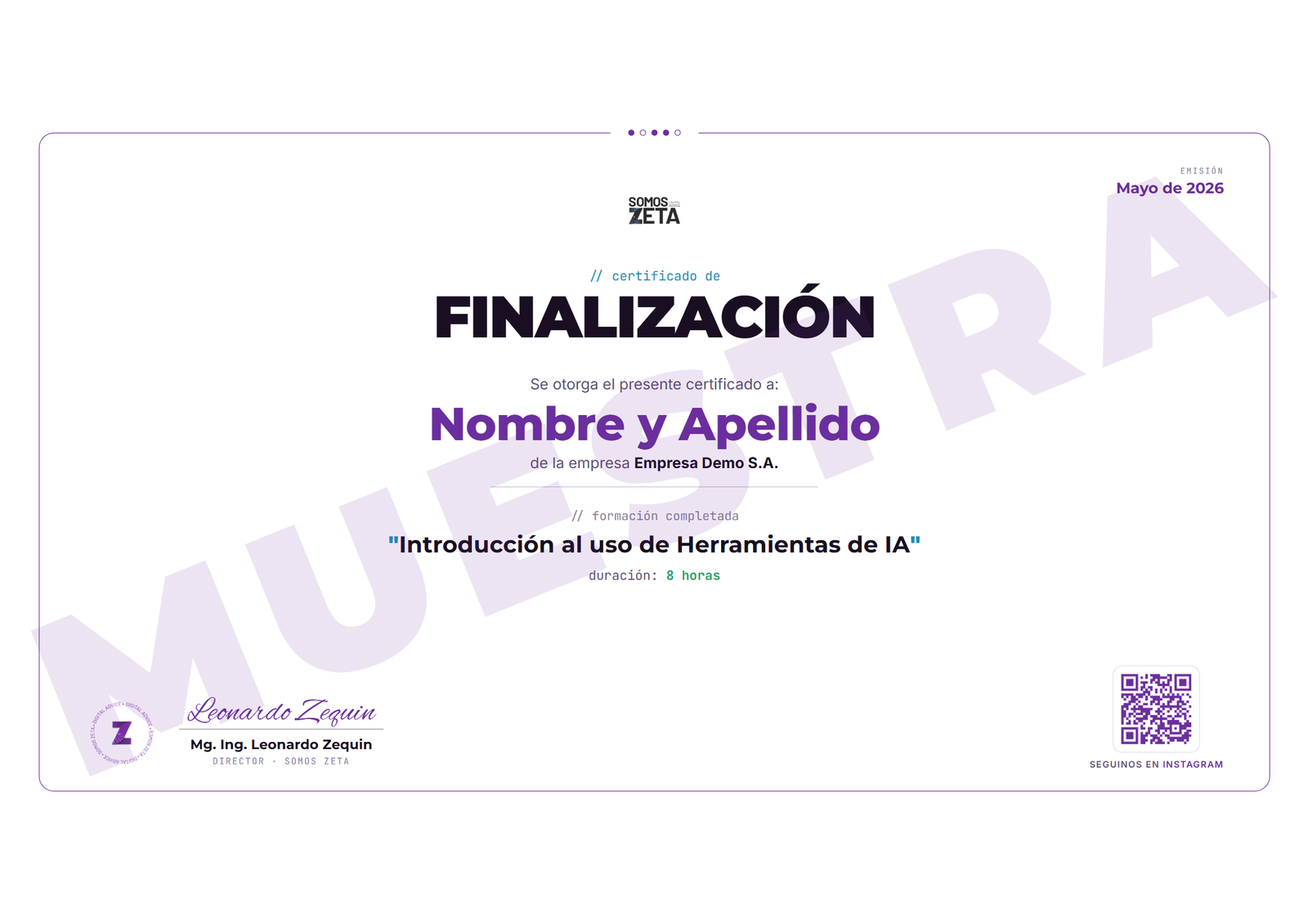 Certificado de finalización de muestra, con el nombre del participante, la empresa, la formación y la duración